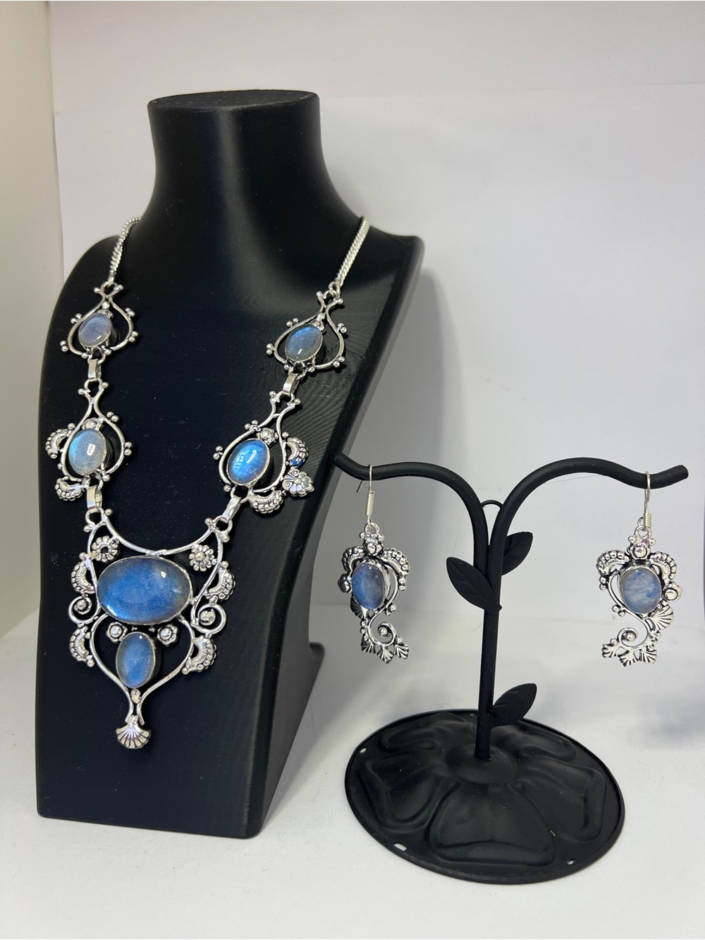 Vintage Rainbow Moonstone Necklace and Earring Set